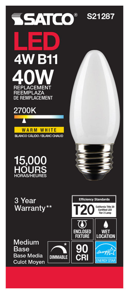 4W B11 LED, Frost, Medium Base, 90 CRI, 2700K, 120V
