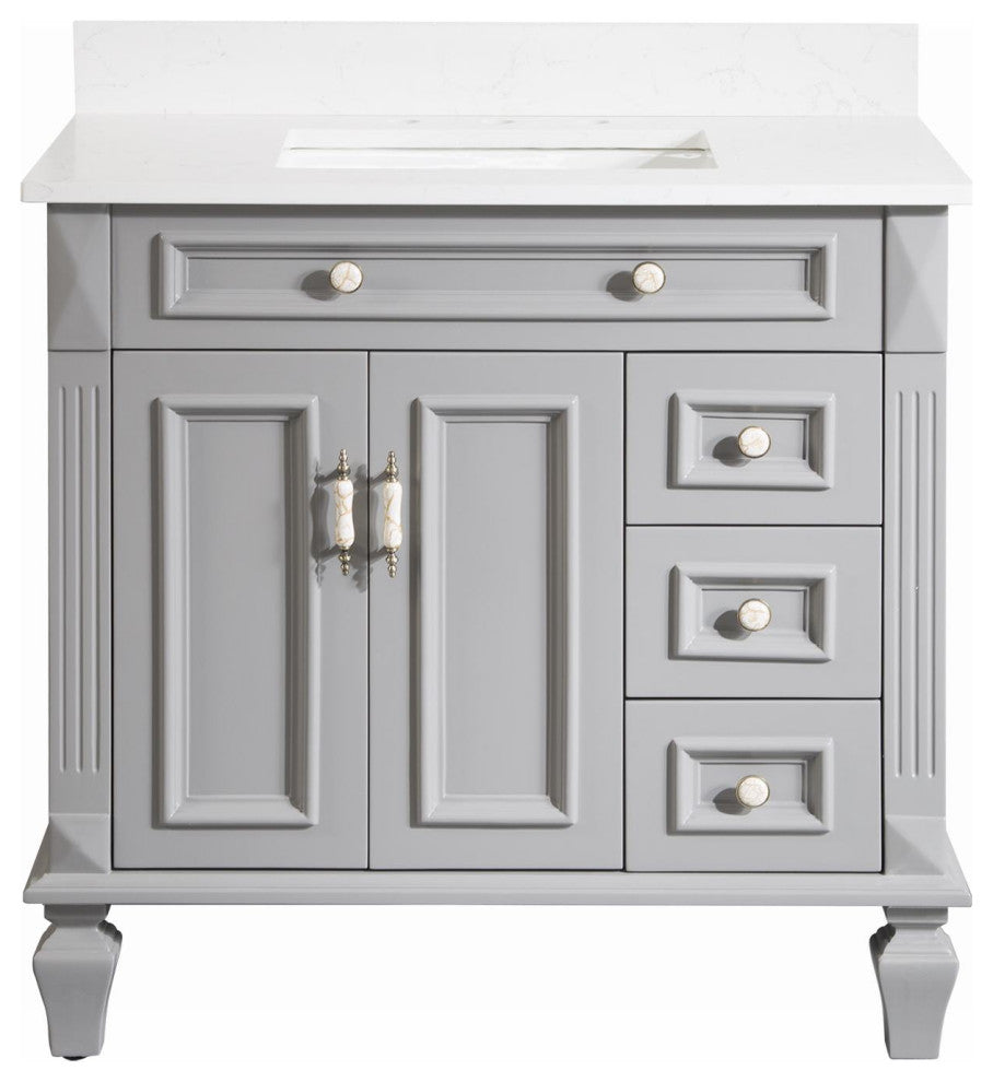 Solid Wood Bathroom Vanity with Quartz Top and cUPC Certified Sink, Titainum Grey, 36 Inch