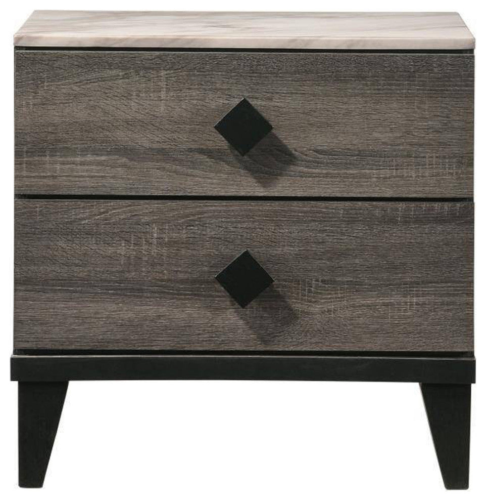 2 Drawer Wooden Nightstand with Grains and Angled Legs, Gray