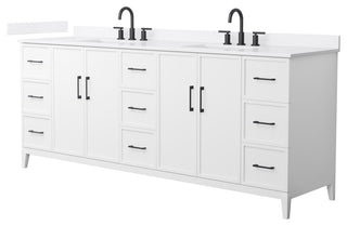 Elan 84" Double Vanity, White, White Quartz Top, 3-Hole, Black Trim