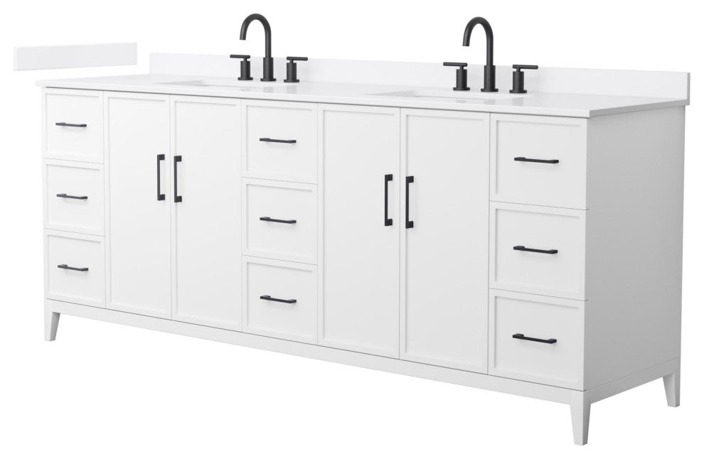 Elan 84" Double Vanity, White, White Quartz Top, 3-Hole, Black Trim