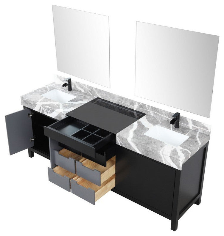 Zilara Black and Grey 84" Double Vanity Set, Cascata Nera Matte Black Faucet Set