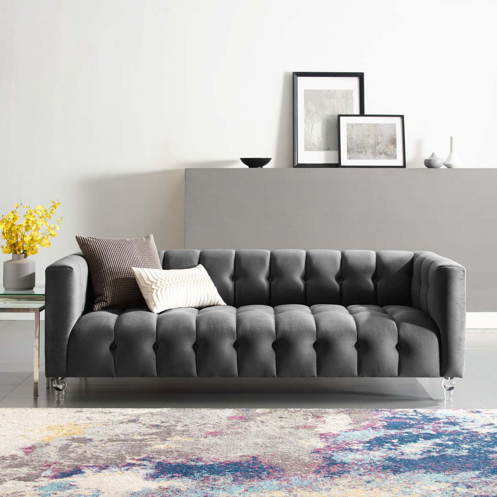 Tufted Sofa, Velvet, Dark Gray, Modern, Living Lounge Hotel Hospitality