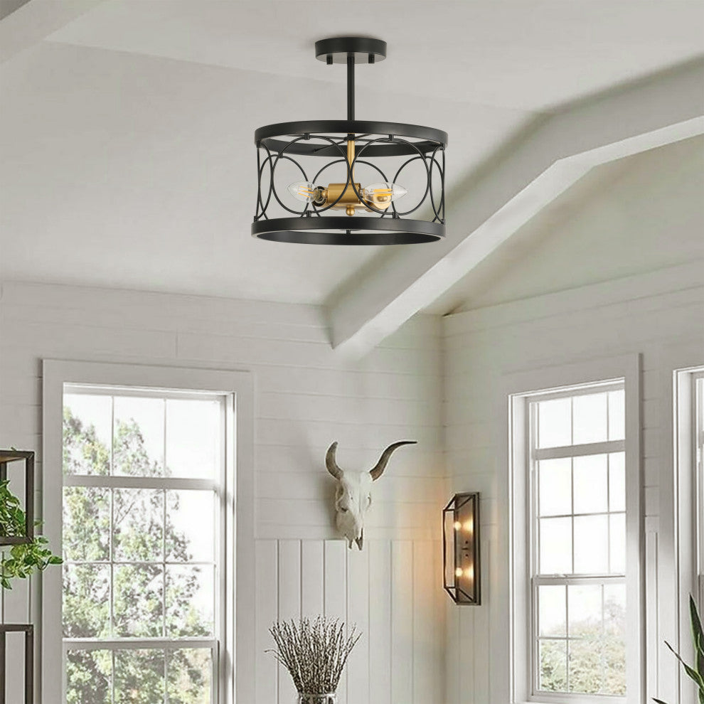 Farmhouse 3-Light Metal Drum Shape Semi Flush Mount Ceiling Light