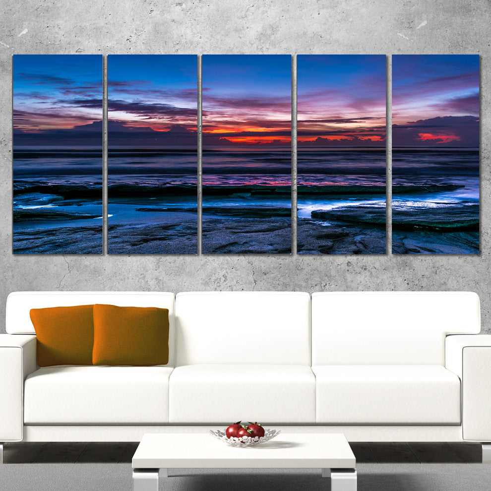 "Exotic Dark Blue Coquina Dawn" Beach Canvas Wall Art, 5 Panels, 60"x28"