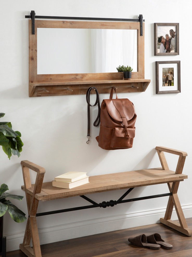 Cates Framed Wall Mirror with Shelf and Hooks, Rustic Brown 42x27