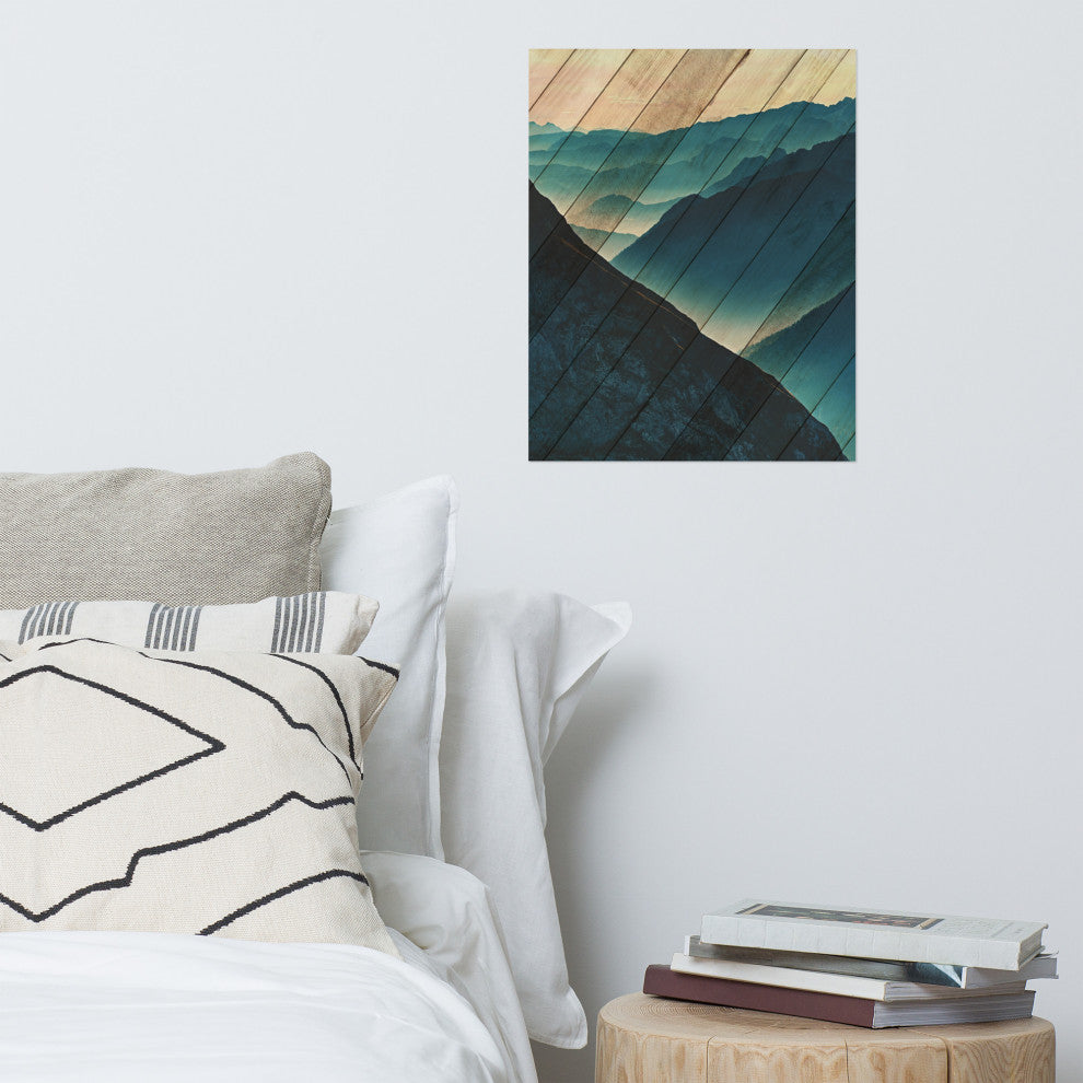 Faux Wood Misty Blue Silhouette Mountain Range Landscape Wall Art, 16" X 20"