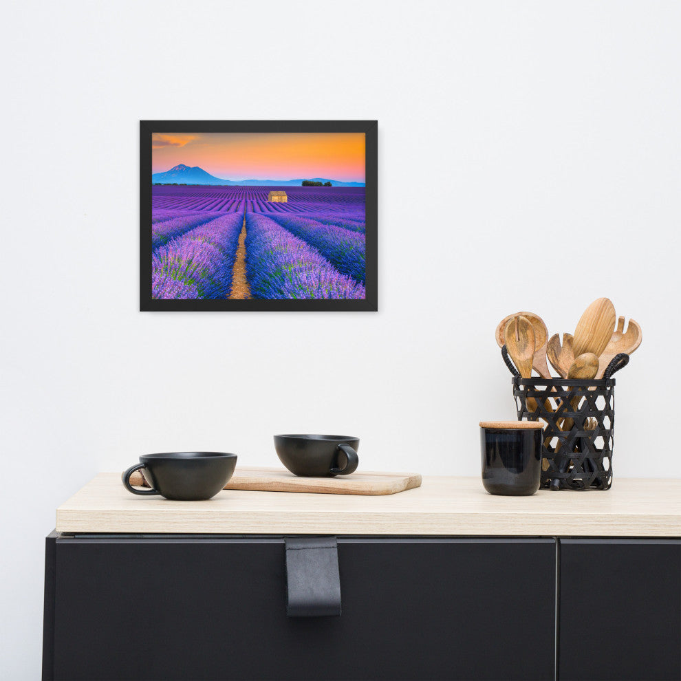 Blooming Lavender Field and Sunset Floral Landscape Framed Photo Wall Art Prints, Black, 11" X 14"