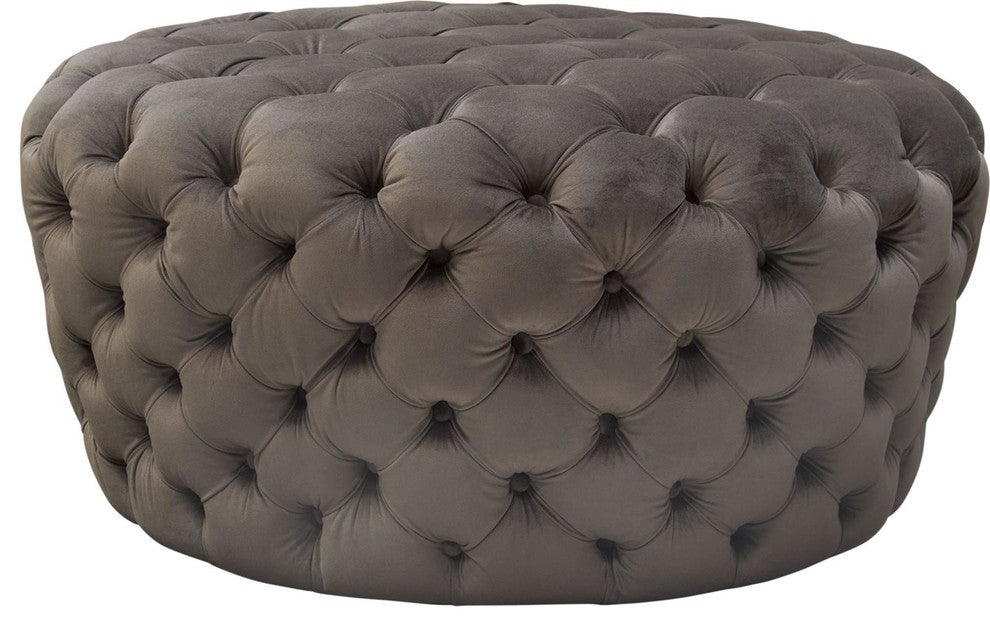 Velvet Upholstered Button Tufted Round Accent Ottoman, Dusk Gray