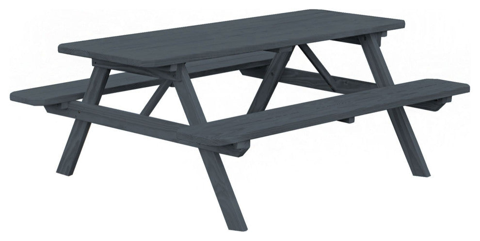 Pressure Treated Pine Picnic Table with Attached Benches, Charcoal Stain, 8 Foot, No Umbrella Hole