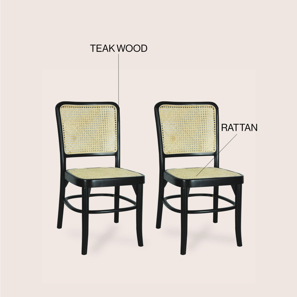 Colmar Mid-Century Vintage Wood Rattan Dining Chair, Black/Natural, Set of 2
