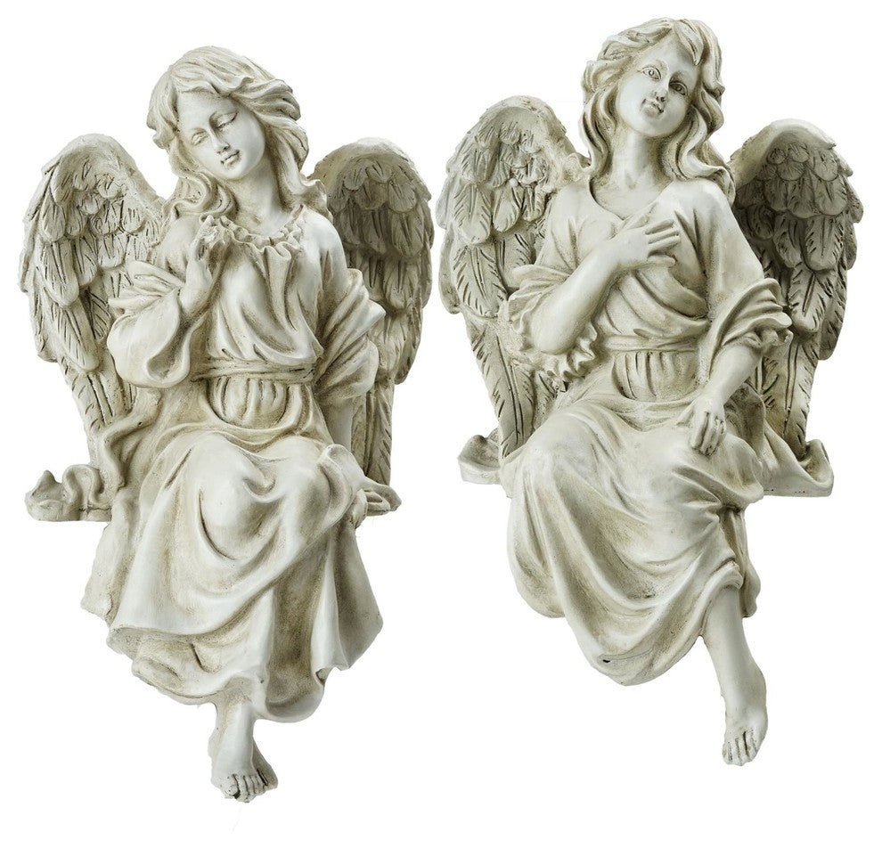 Set of 2 Decorative Sitting Angel Outdoor Garden Statues 14"