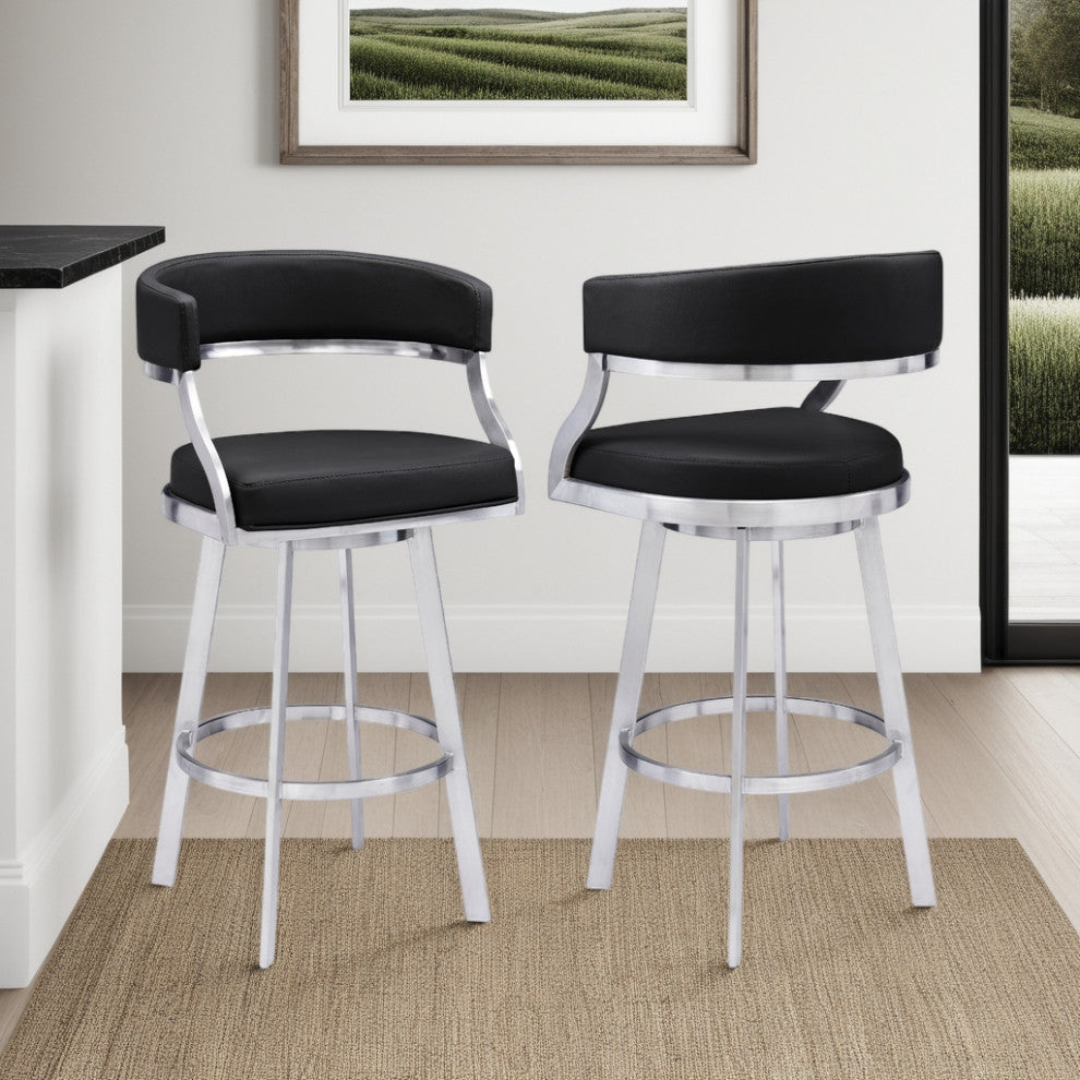 Saturn Swivel Metal and Faux Leather Bar Stool, Black, 26" Counter Height