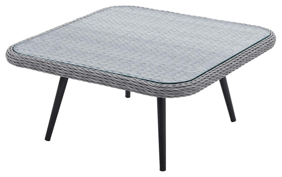 Lounge Coffee Table, Square, Gray, Rattan, Wicker, Glass, Modern, Outdoor