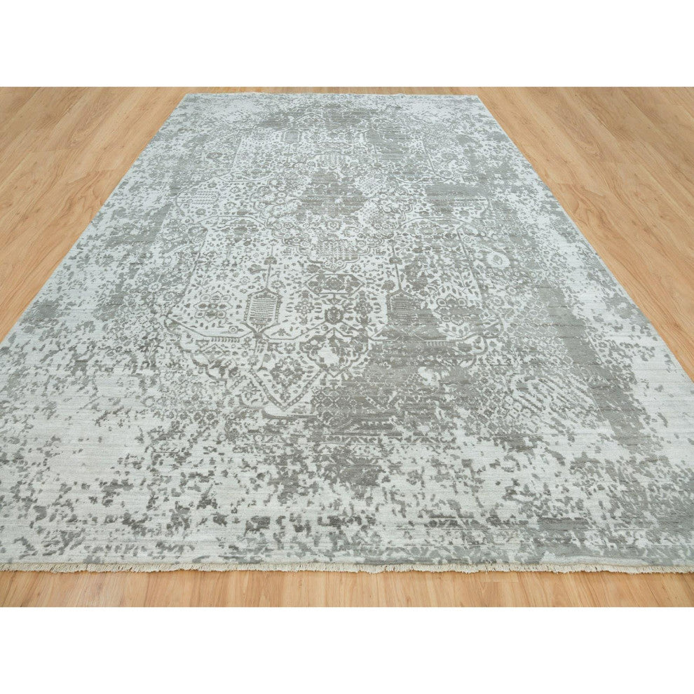 Chrome Zoroastrian Hand Knotted Wool and Silk Oversized Rug, 12'1"x17'10"