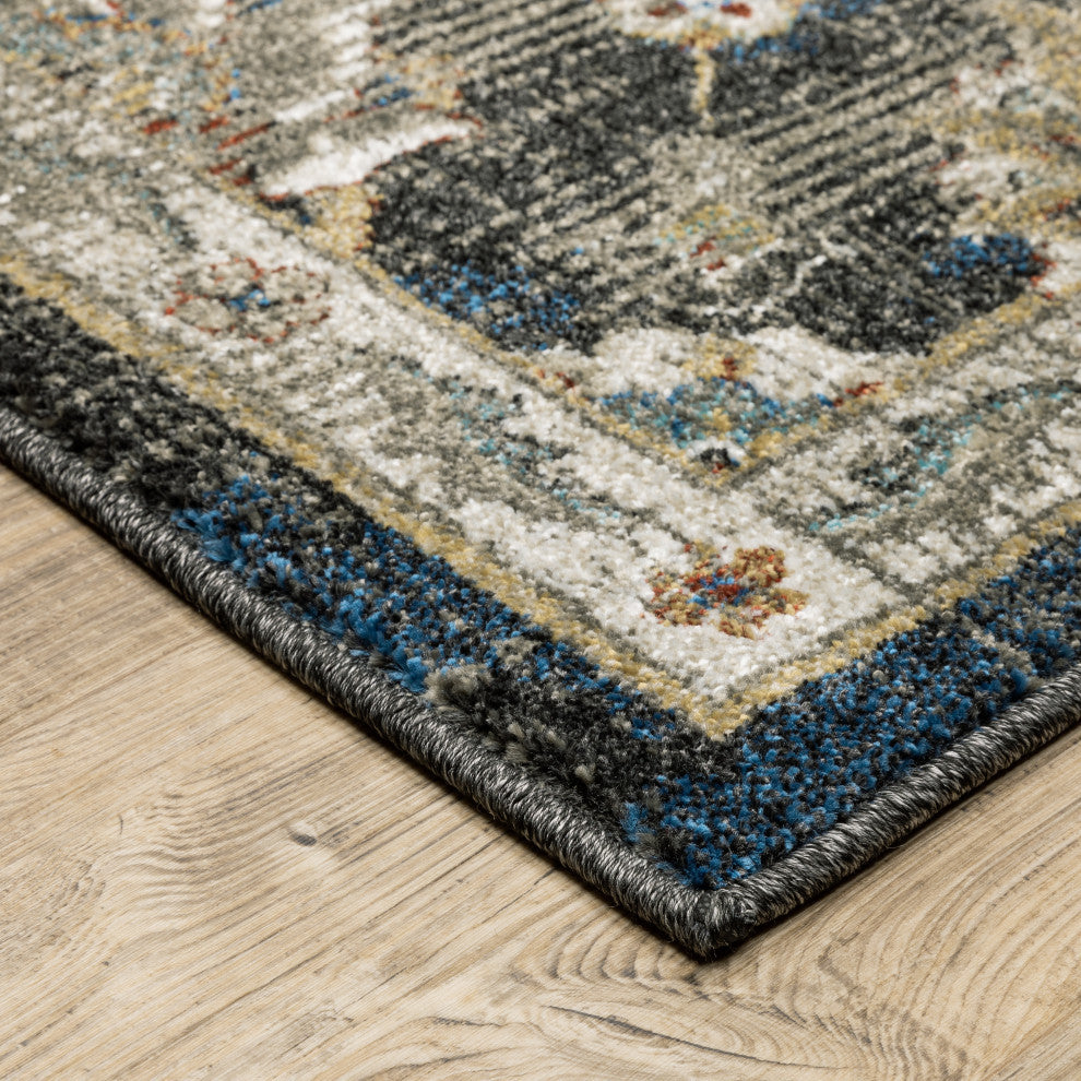 Vander Traditional Oriental Power-Loomed Area Rug, Charcoal/Blue, 2'3"x7'6"