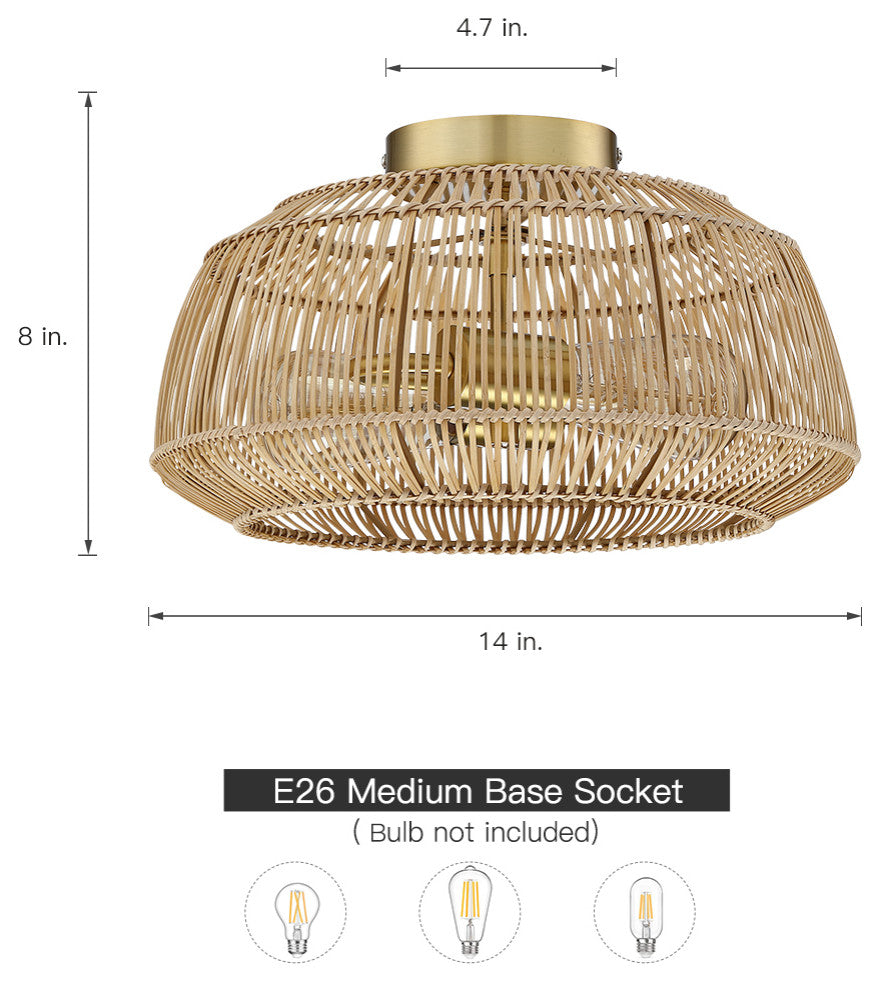 Bohemian Rattan Semi-Flush Mount Ceiling Light, 14'''' W-2 Lights