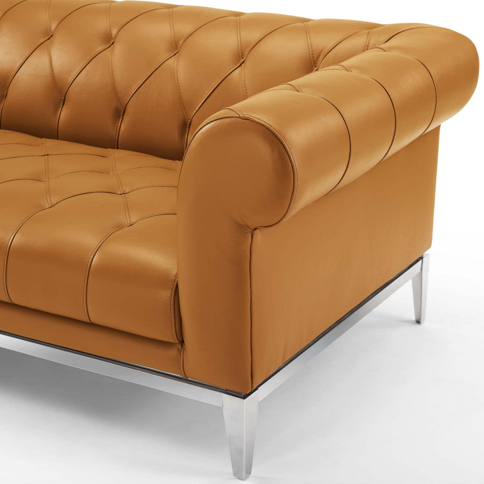 Modern Designer Living Room Lounge Club Lobby Loveseat Sofa, Leather, Tan Brown