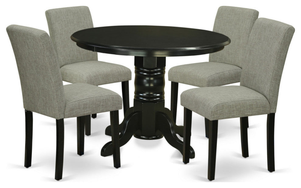 5Pc Rounded 42" Dining Table, Four Parson Chair, Black Leg, Fabric Shitake