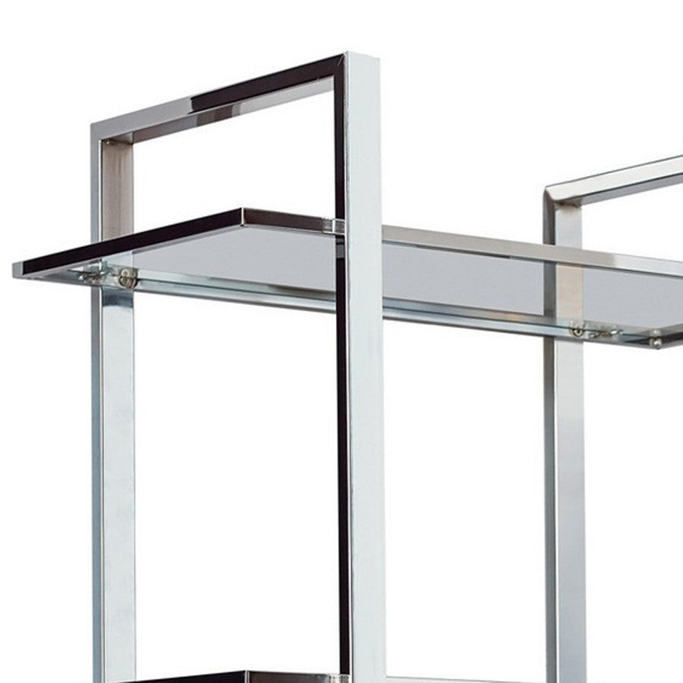 Benzara BM282971 Bookcase, Metal Frame, Tempered Glass Shelves, Polished, Silver