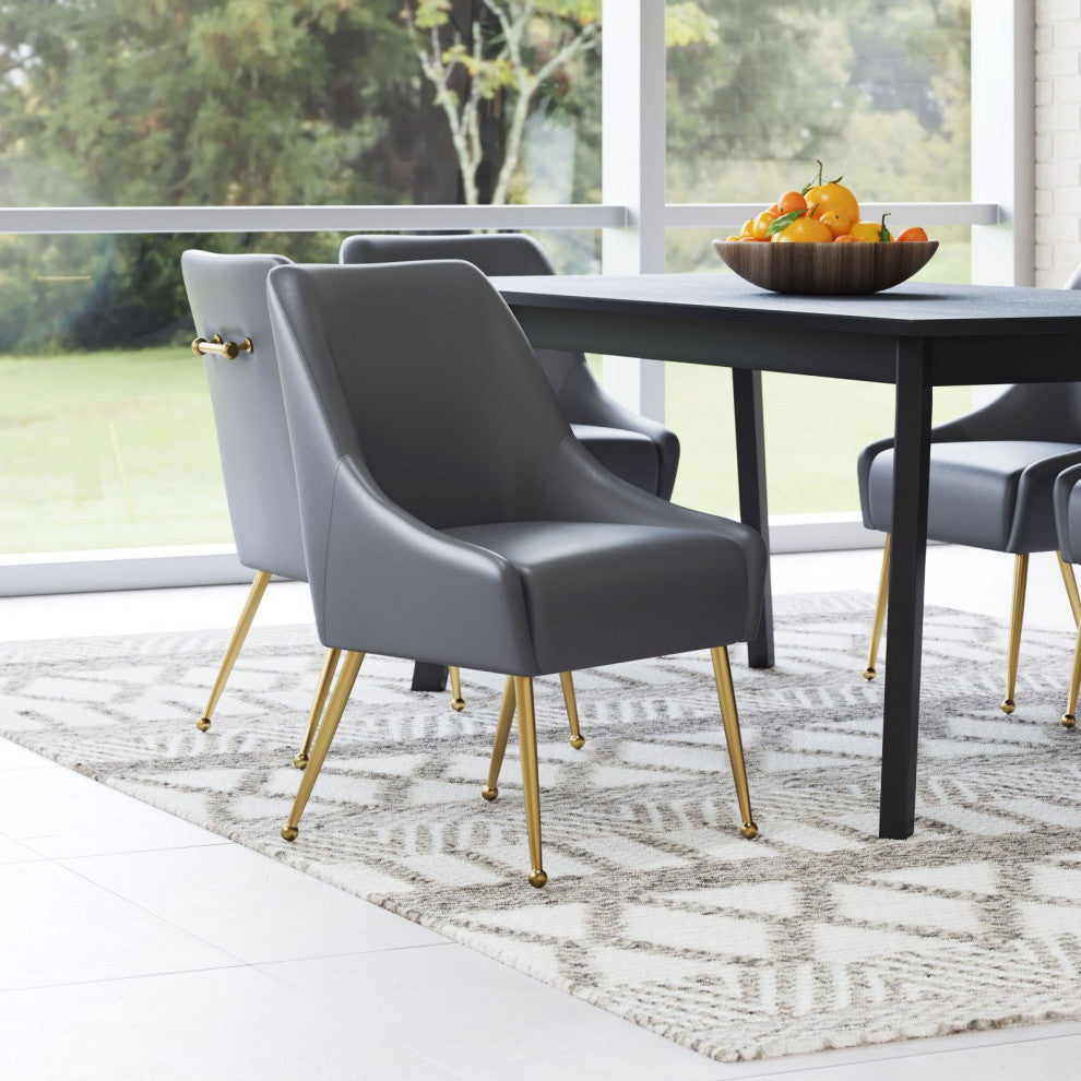 Dining Chair, Faux Vinyl Leather, Steel, Gray, Gold, Kitchen Cafe Bistro