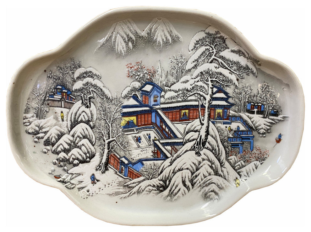 Chinese Off White Porcelain Snow Scene Flower Shape Display Plate Hws1823