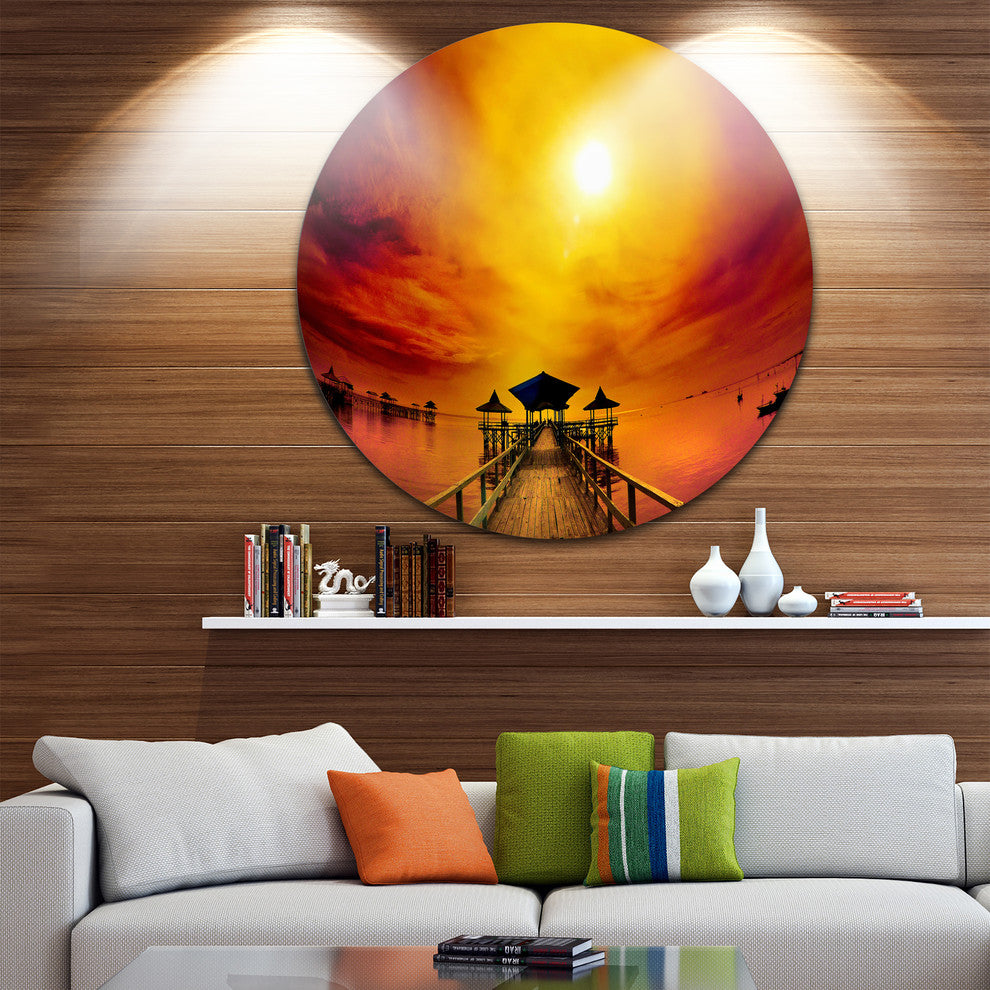 Exotic Wood Pier Under Yellow Sun, Sea Bridge Round Wall Art, 36"