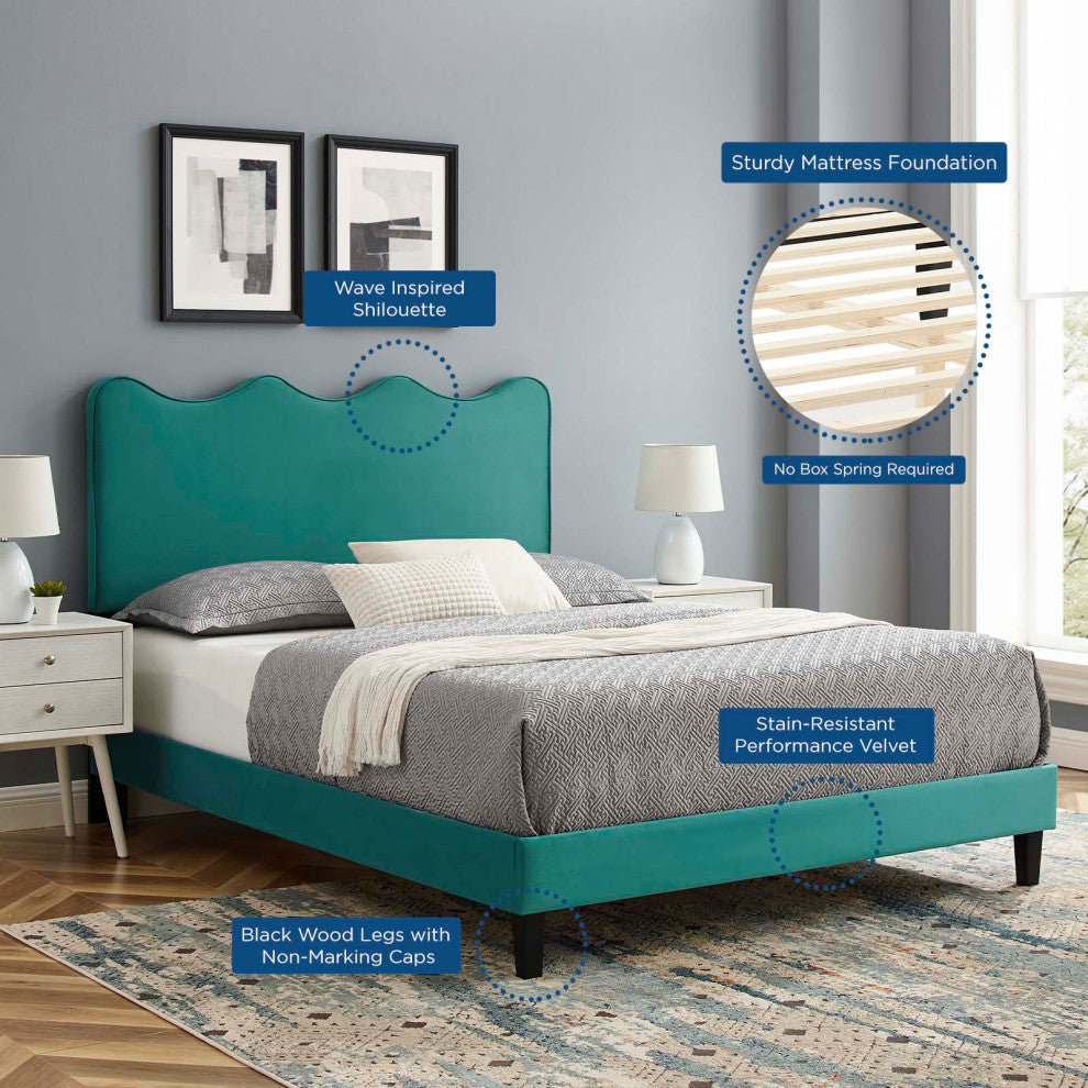Platform Bed Frame, King Size, Teal Blue, Velvet, Modern, Bedroom Guest Suite