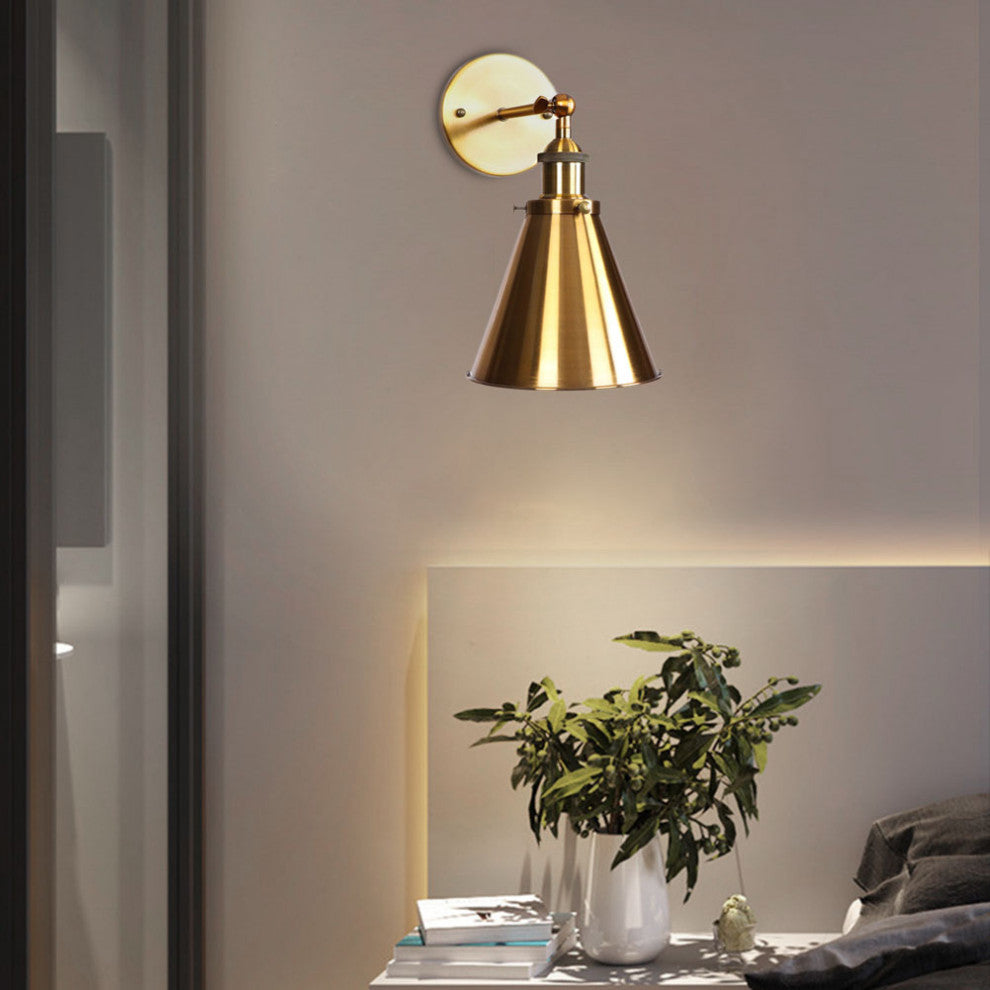 Gold 1-Light Industrial Cone Shape Swing Arm Wall Lamp