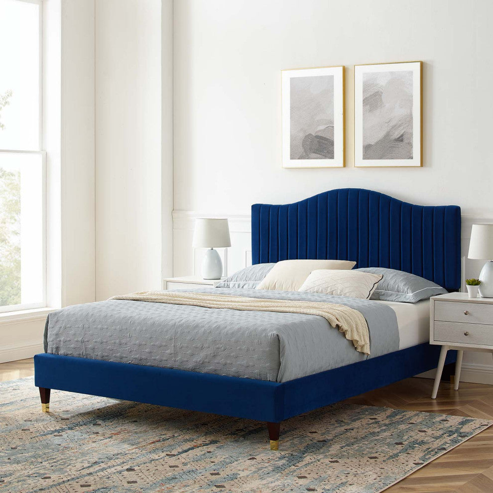 Tufted Platform Bed Frame, Full Size, Velvet, Blue Navy, Modern Contemporary
