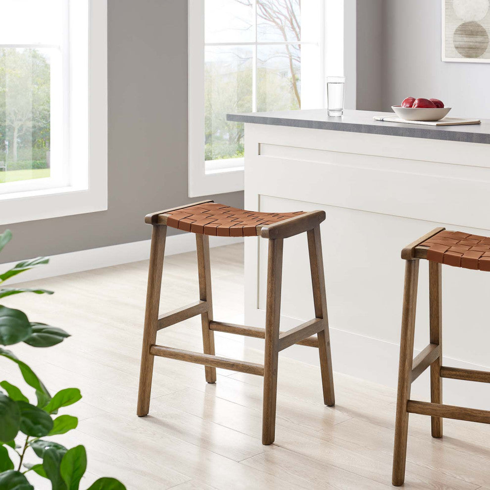 Saoirse Faux Leather Wood Counter Stool - Set of 2 - Walnut Brown