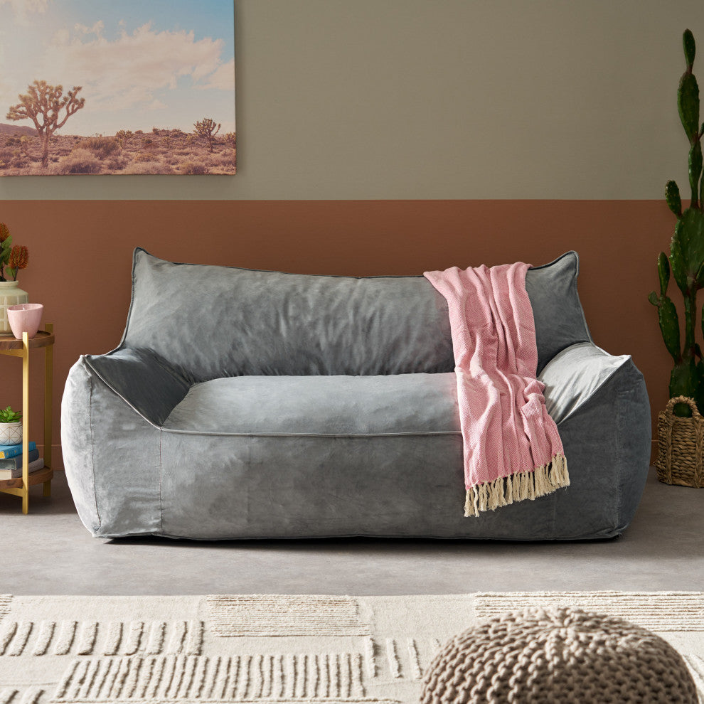 Calef Modern Velveteen 2 Seater Oversized Bean Bag Chair with Armrests, Gray + White