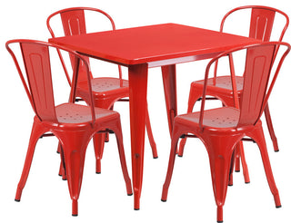 31.5" Square Red Metal Indoor-Outdoor Table Set with 4 Stack Chairs