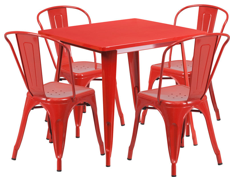 31.5" Square Red Metal Indoor-Outdoor Table Set with 4 Stack Chairs