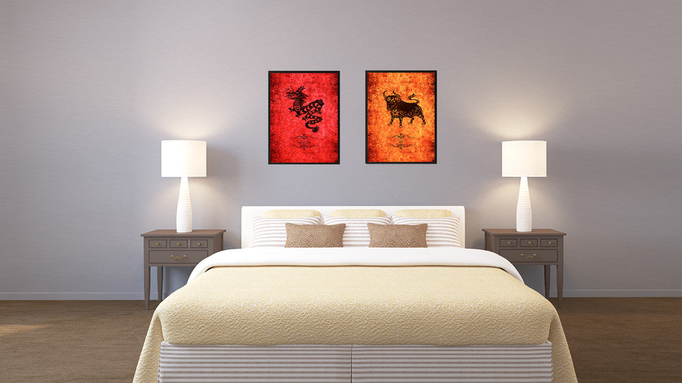 Ox Chinese Zodiac Orange Print on Canvas with Picture Frame, 22"x29"
