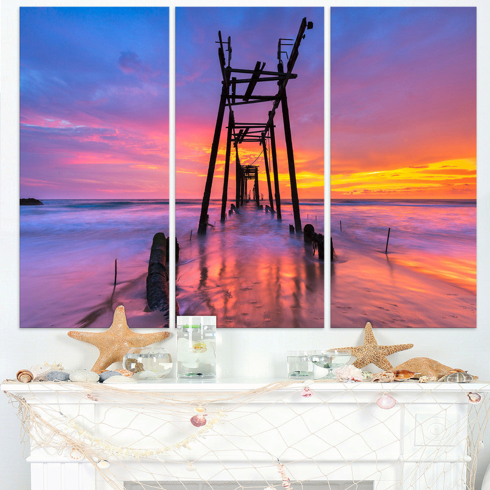 "Discarded Wooden Bridge at Sunset" Sea Pier Metal Wall Art, 3 Panels, 36"x28"