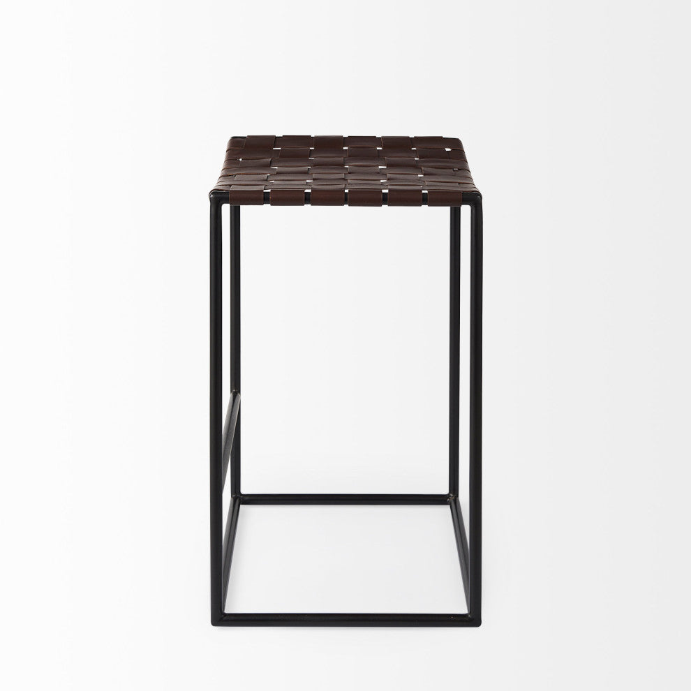 Clarissa Dark Brown Woven Leather Seat with Black Iron Frame Counter Stool