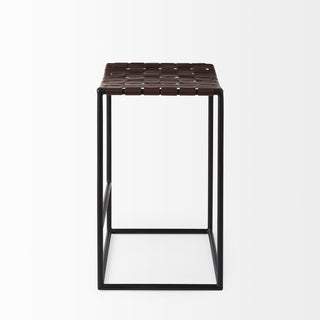 Clarissa Dark Brown Woven Leather Seat with Black Iron Frame Counter Stool