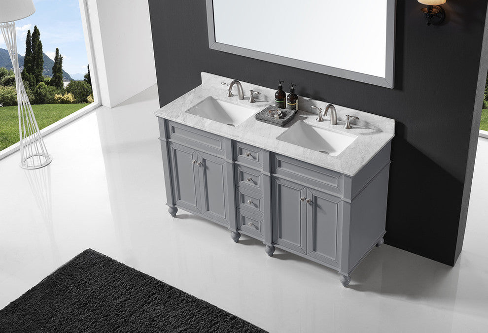 60" Double Bathroom Vanity, Taupe Gray with Carrara White Marble Top