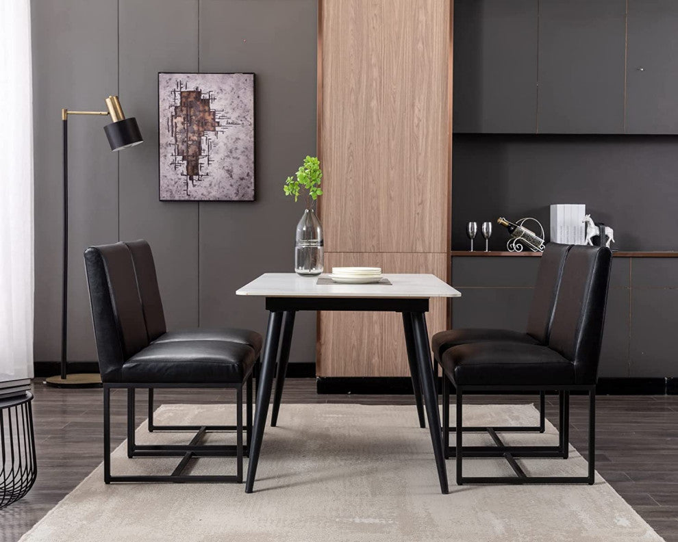Modern Dining Chairs Set of 2, Leather Upholstered Armless with Black Base
