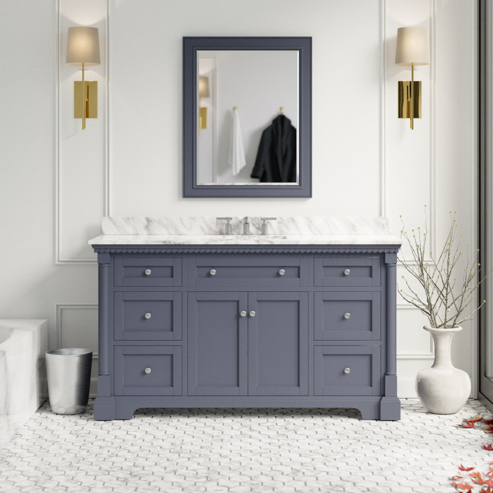 Sydney 60" Bathroom Vanity, Marine Gray, Carrara Marble, Single Sink