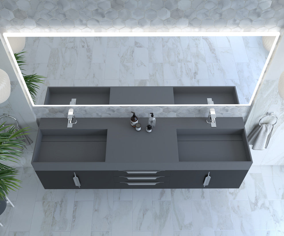 CastelloUSA Amazon 72" Wall Mounted Vanity Set, Black, Gray Top, Chrome Handles