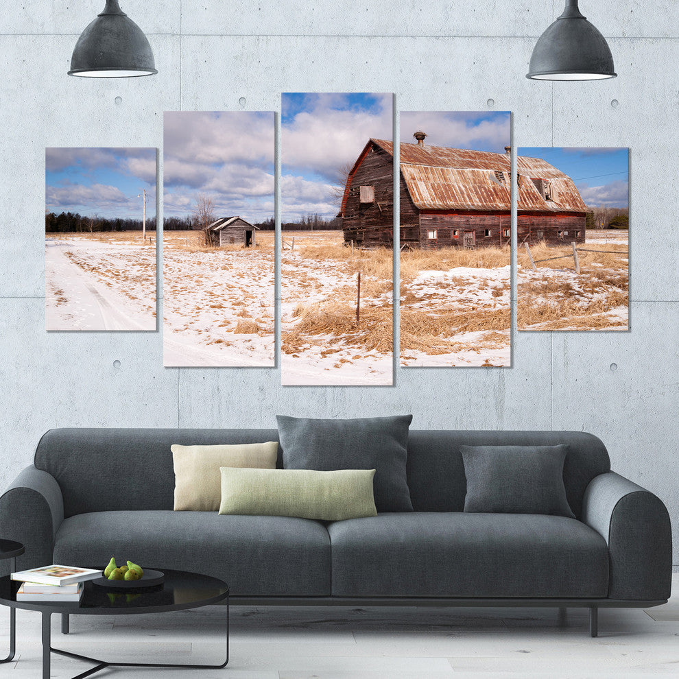 Farm Field Barn Ranch, Landscape Canvas Art Print, 60"x32", 5 Panels
