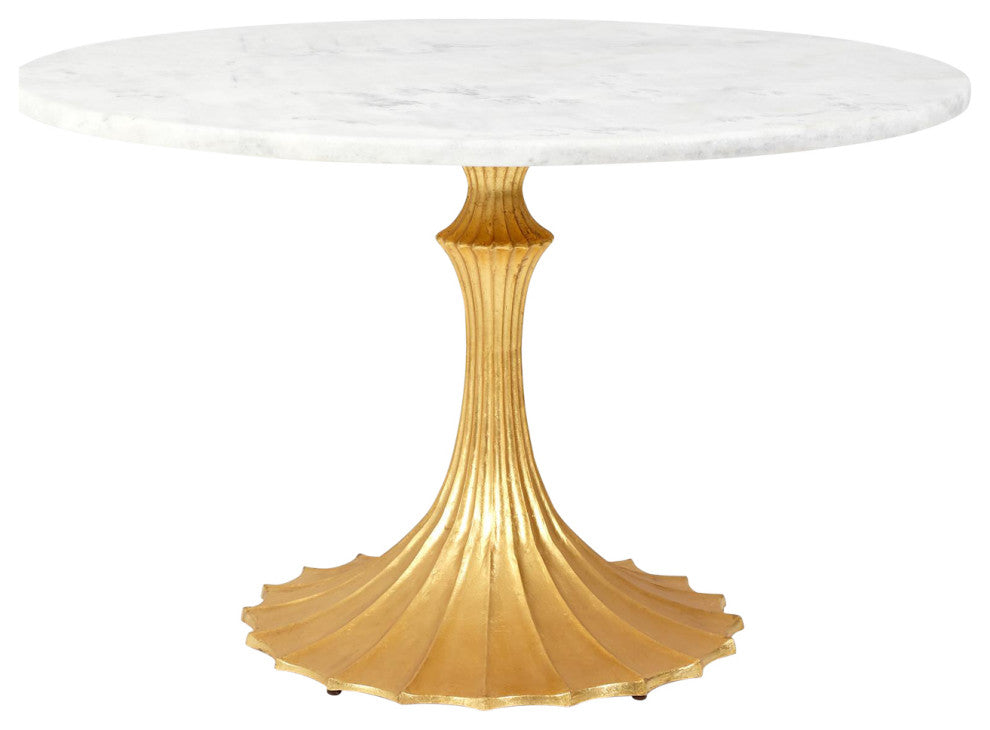 Flute Table 48" White Marble Top With 26" Gold Leaf Base