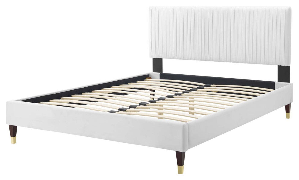 Platform Bed Frame, Full Size, Velvet, White, Modern Contemporary, Bedroom