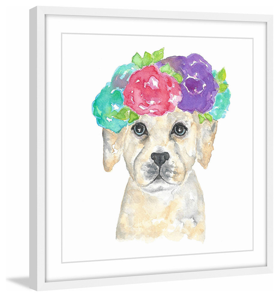 Marmont Hill, "Dog with Flower Crown" by Thimble Sparrow Framed Painting, 18x18