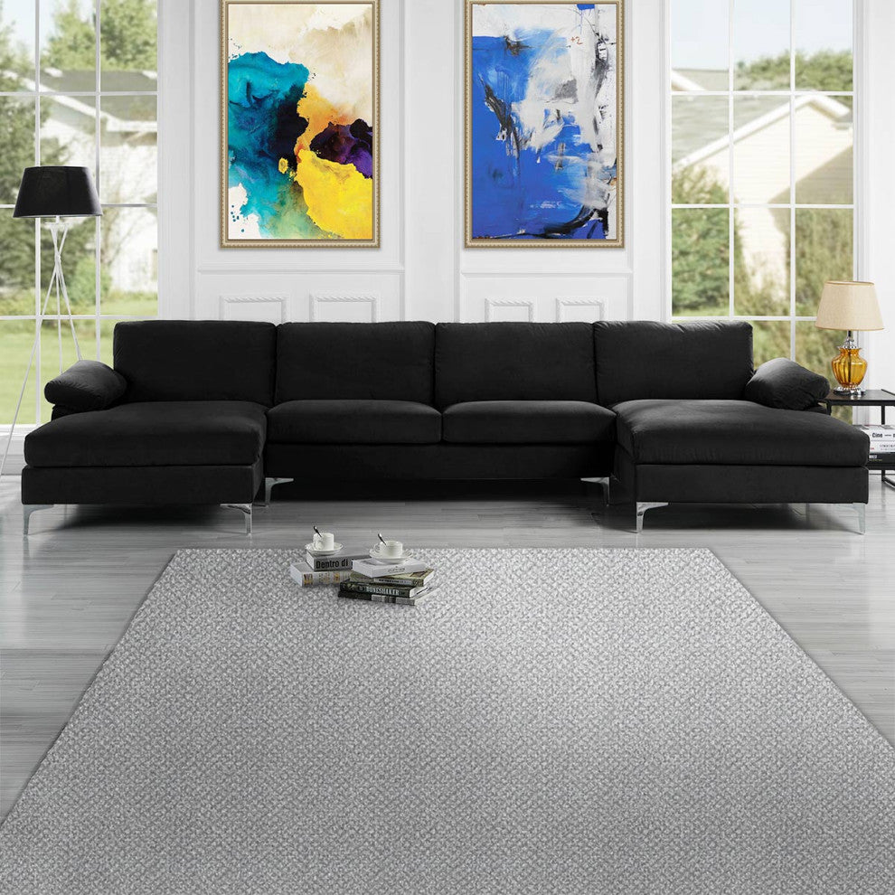 Large Velvet Fabric U-Shape Sectional Sofa, Black