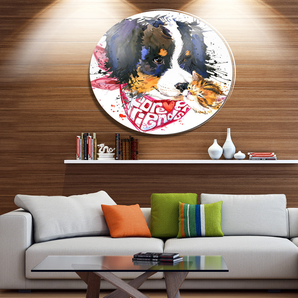 Dog And Cat Friends Forever, Animal Round Wall Art, 23"