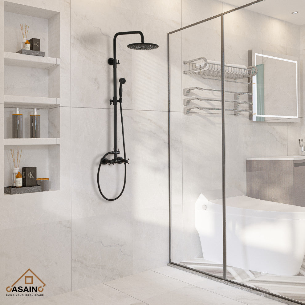 10inch Wall Mount Exposed Pipe Rainfall Shower System with Hand Shower, Matte Black
