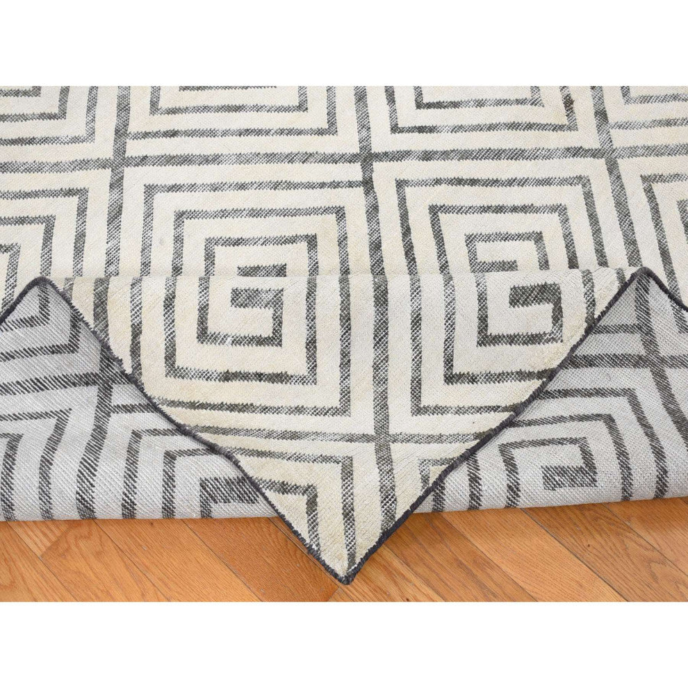 Ivory Roman Key Squares Design Hand Knotted Pure Silk With Wool Rug, 9'0"x12'0"